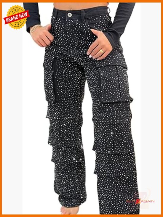 Denim - High Waisted Rhinestone Jeans Wide Leg Baggy Loose Fit Bling Denim Pants